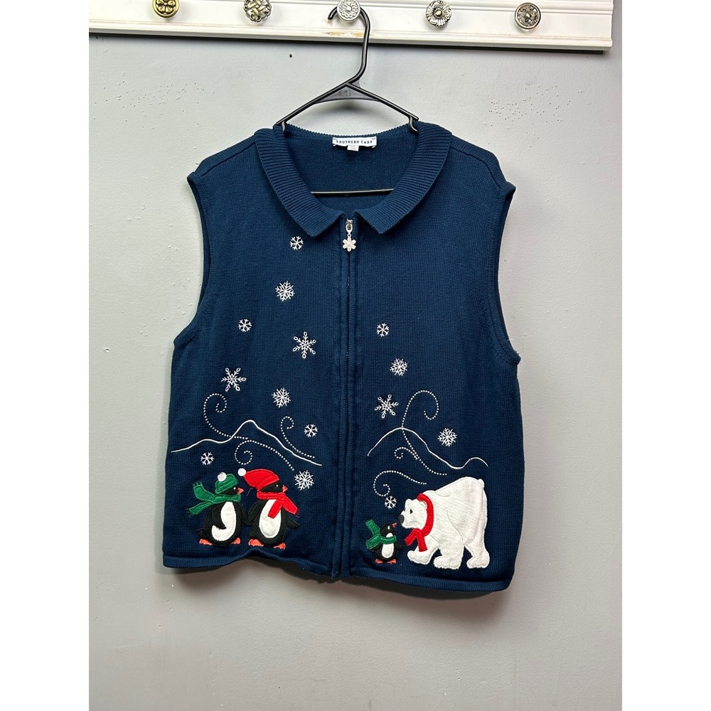 Southern Lady Sweater Vest Womens XL Navy Polar Bear Penguin Zip Up Winter